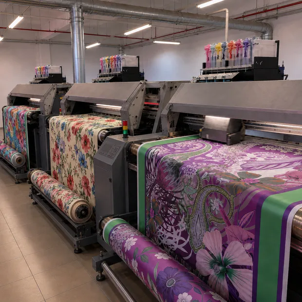 Digital printing lines running at the Akse Tekstil facility in Istanbul, fabric rolls loaded on each machine