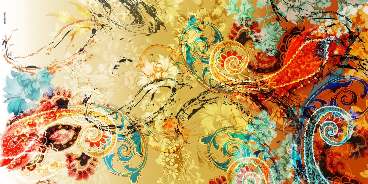 Digitally printed paisley fabric design in red, teal, and gold by Akse Tekstil
