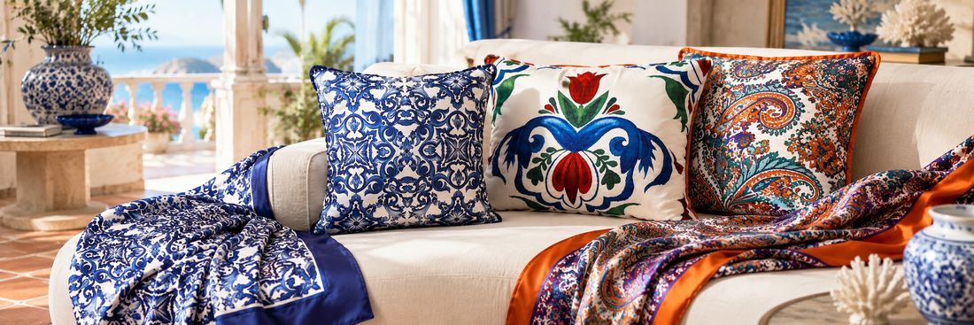 Home Textile — printed cushions and throws styled on a sofa