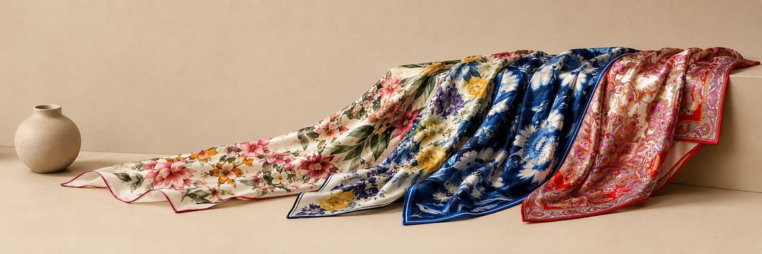 Scarves & Accessories — printed silk scarves draped over a ledge beside a ceramic vase